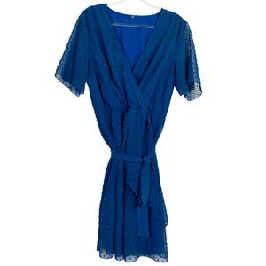 Blue Wrap Dress Swiss Dot XL Boho Western Prairie Classic Seventies Feminine Y2K